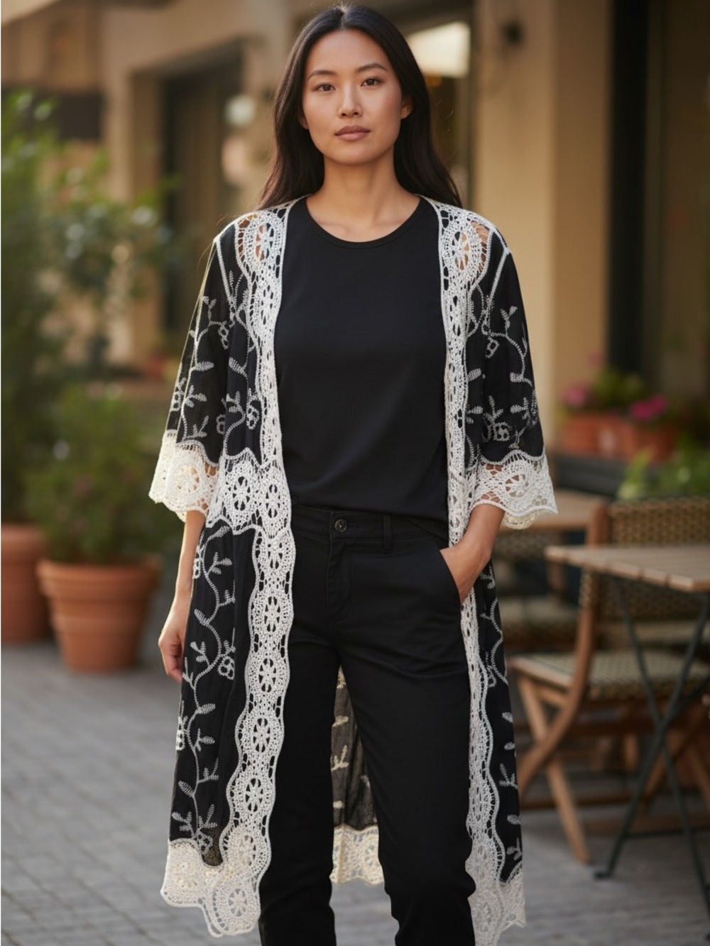 NorthStyle Black Kimono with White Crochet Trim